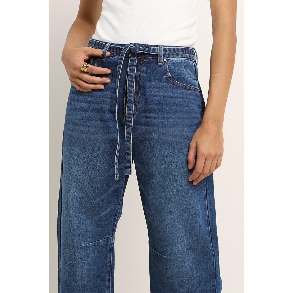 Campus Deep Blue Tie Waist Barrel Jeans