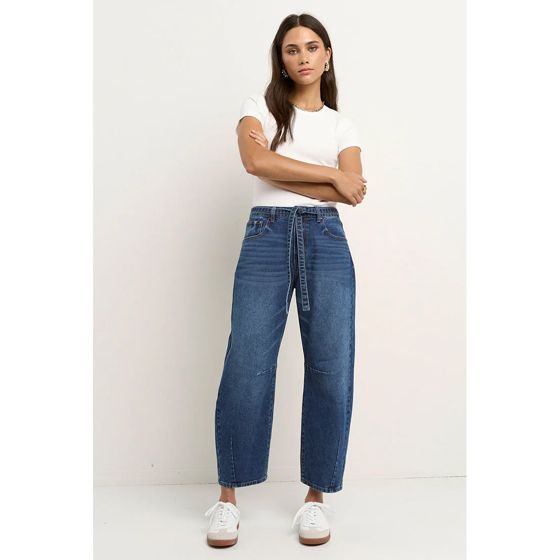 Campus Deep Blue Tie Waist Barrel Jeans