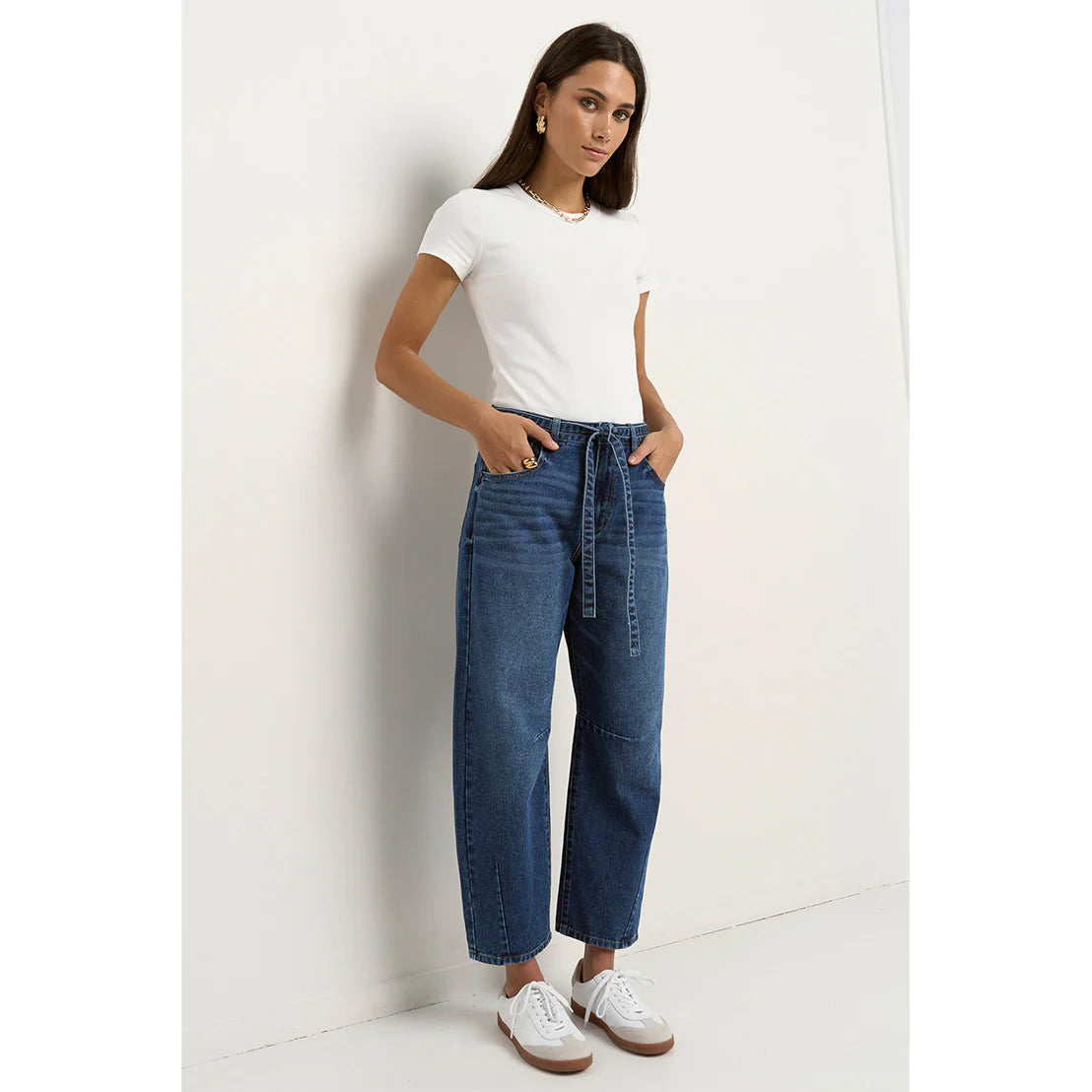 Campus Deep Blue Tie Waist Barrel Jeans