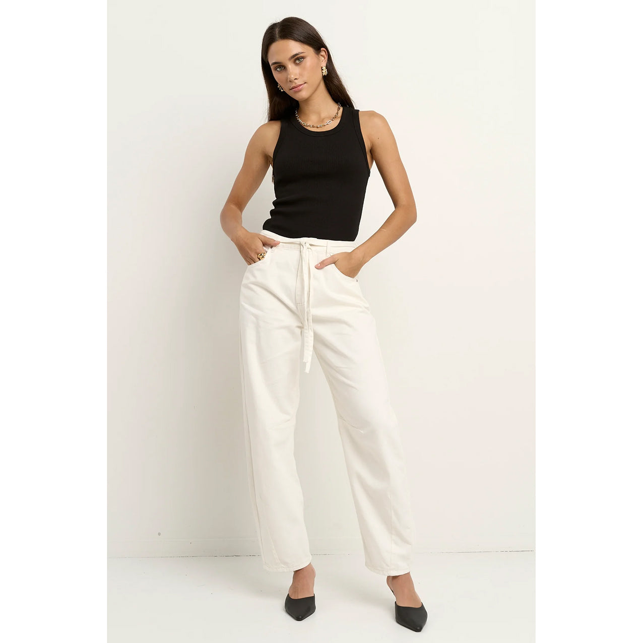 Campus Ecru Tie Waist Barrel Jeans