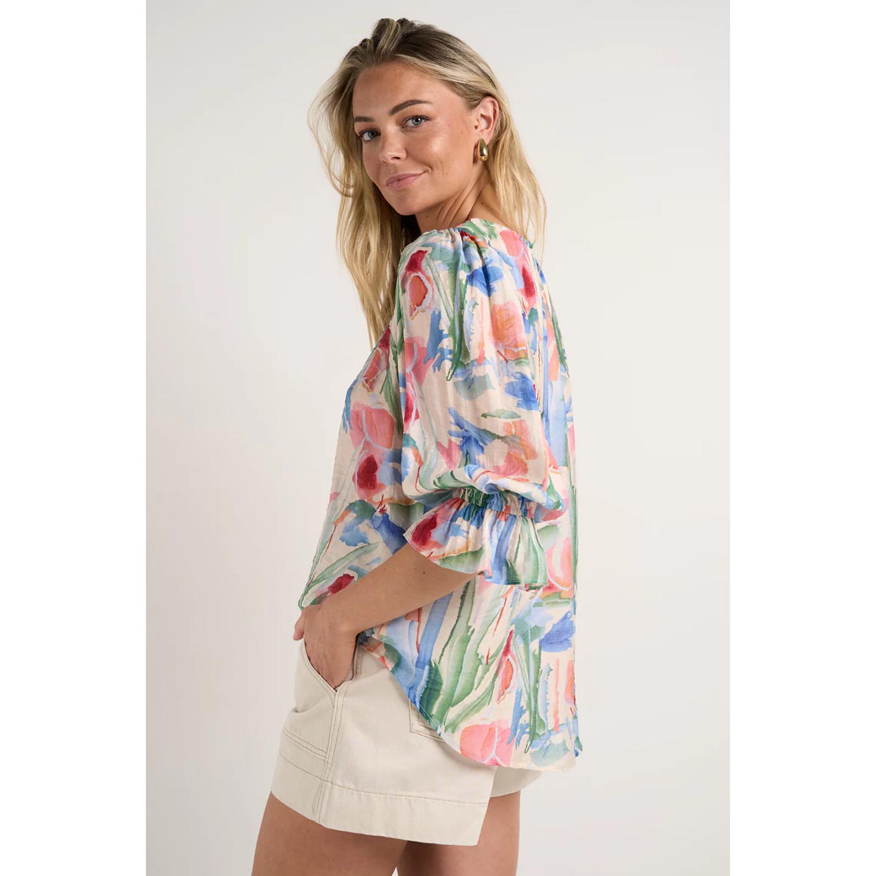 Candid Watercolour Frill Sleeve Crew Neck SS Top Watercolour