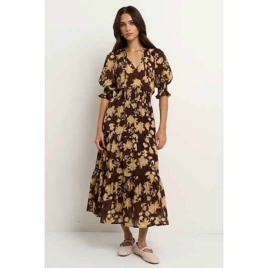 Charlie Chocolate Khaki Floral Tiered Midi Dress