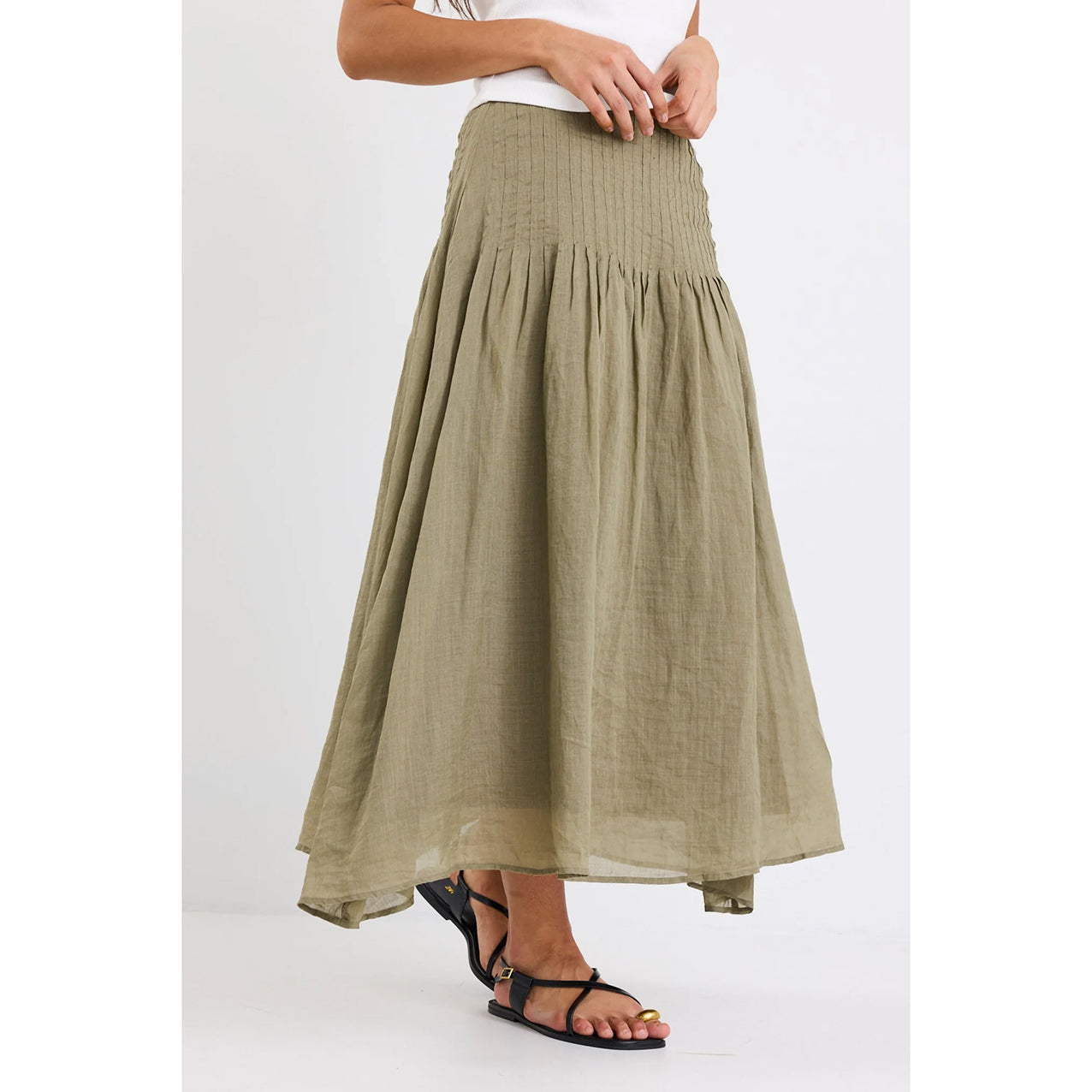 Pepe Khaki Linen Pintuck Waist Skirt
