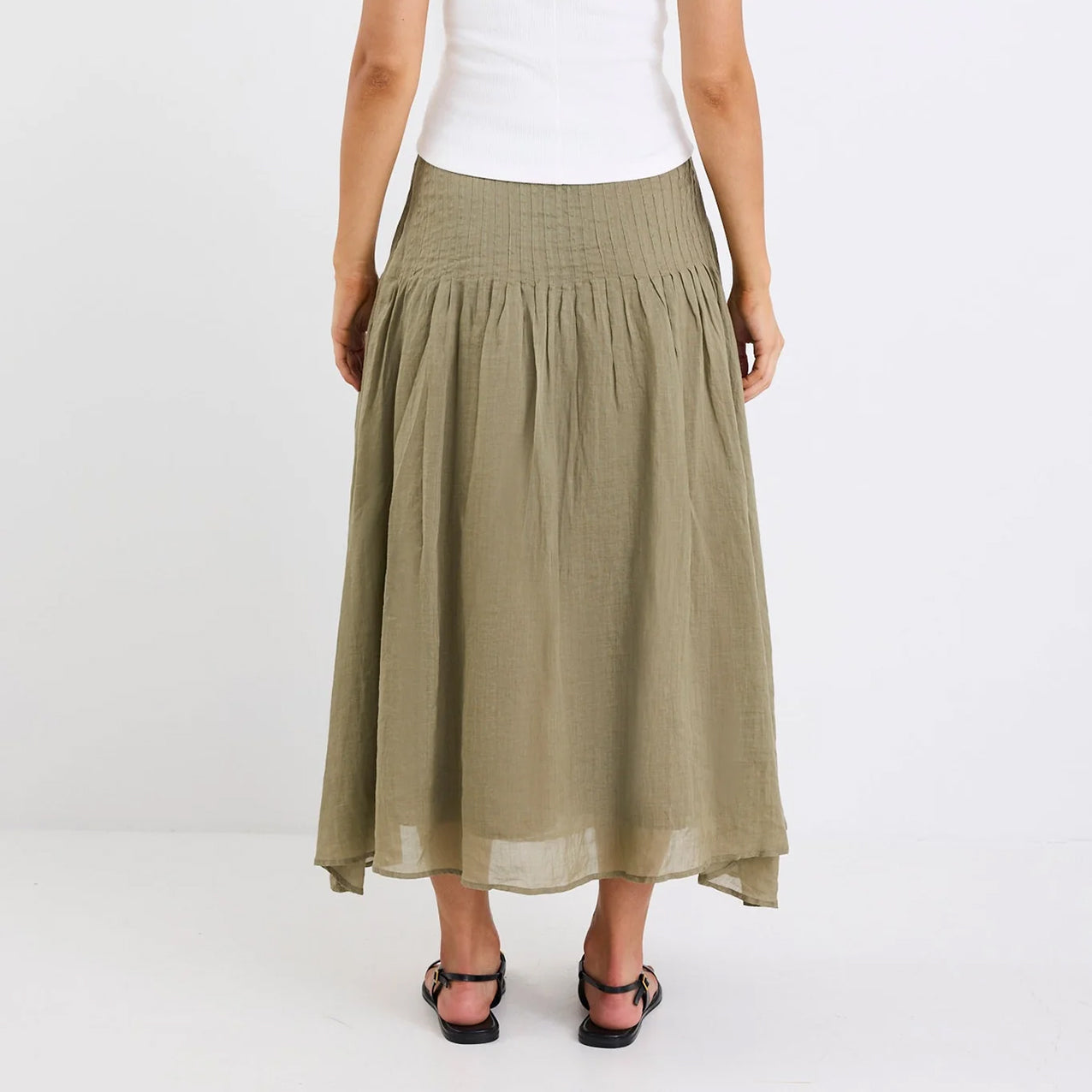 Pepe Khaki Linen Pintuck Waist Skirt