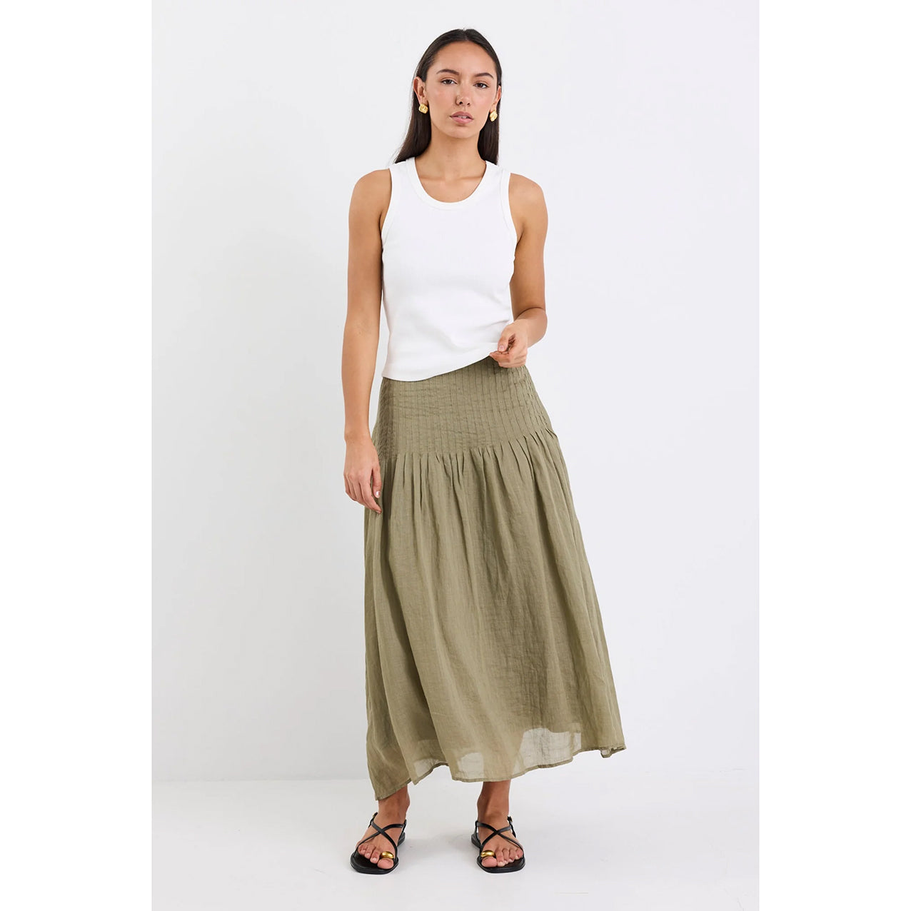 Pepe Khaki Linen Pintuck Waist Skirt