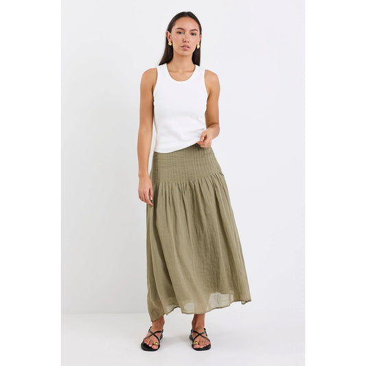 Pepe Khaki Linen Pintuck Waist Skirt