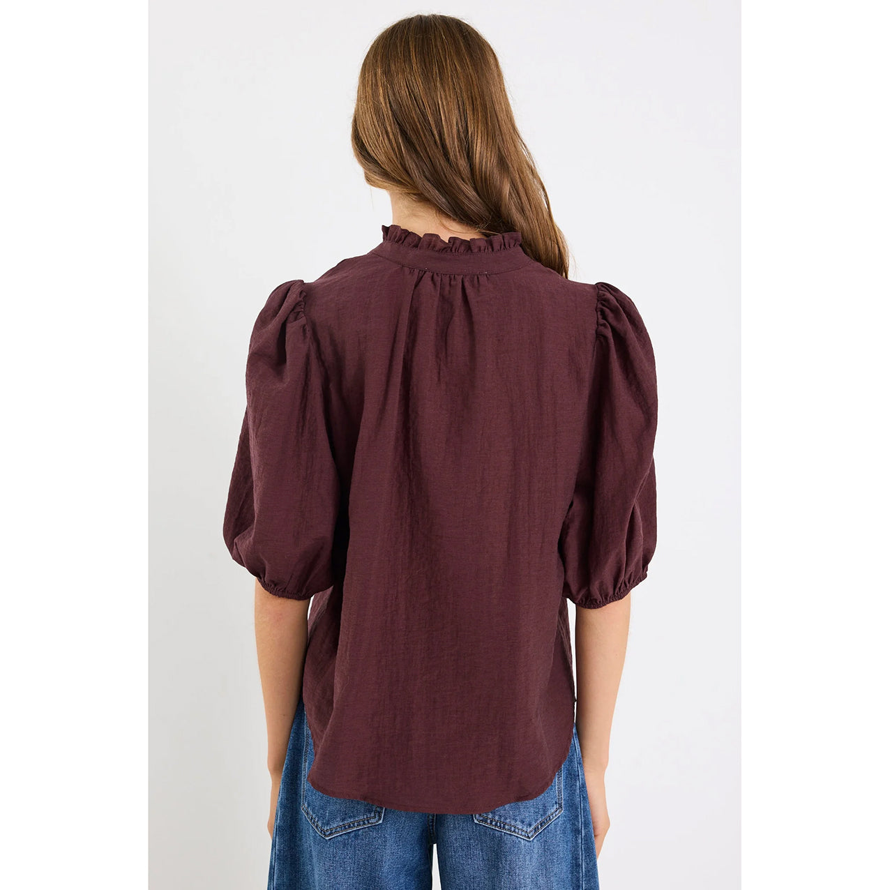 Continuance Chocolate Semi Sheer High Neck Buttoned SS Top