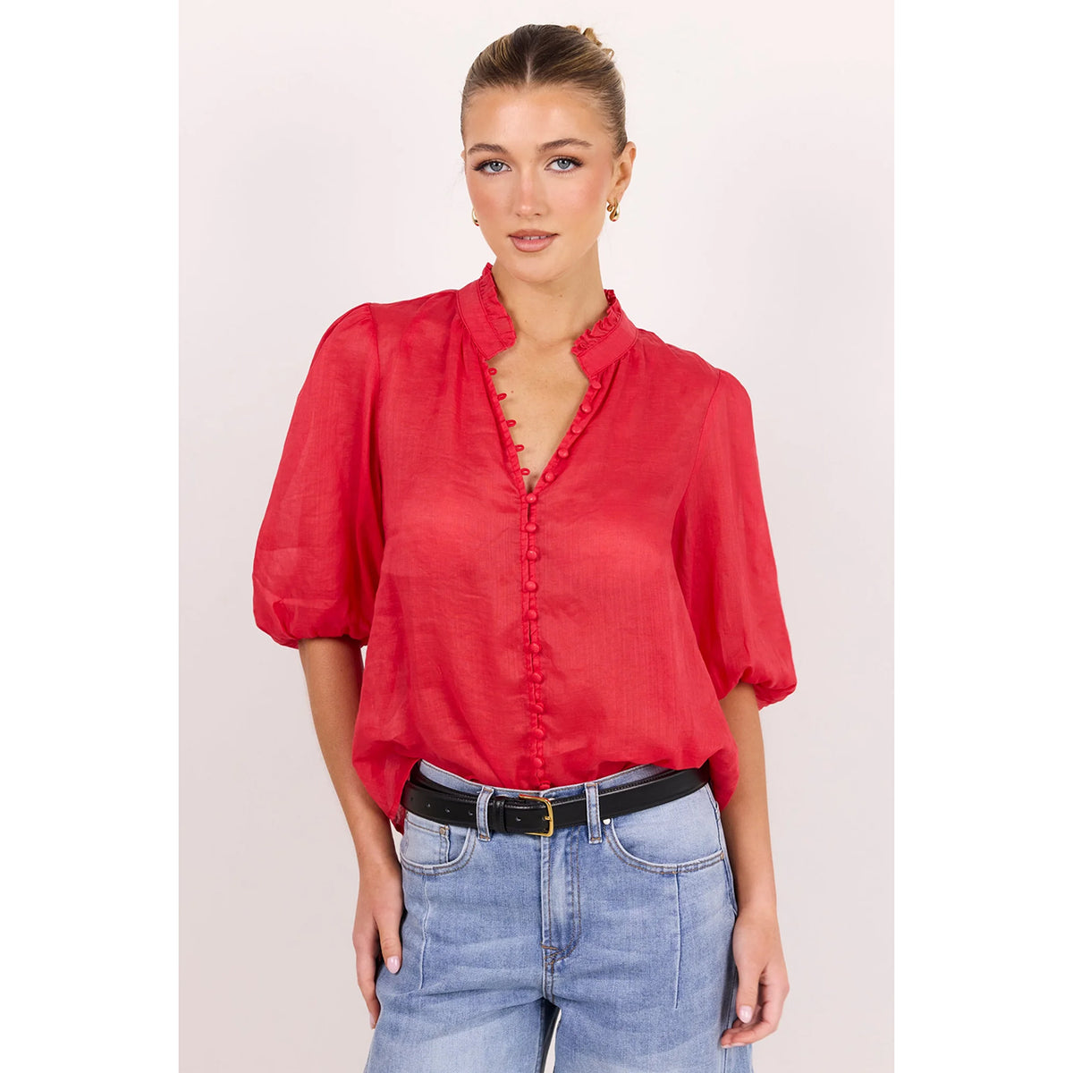 Continuance Red Ramie High Neck Buttoned SS Top