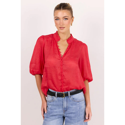 Continuance Red Ramie High Neck Buttoned SS Top