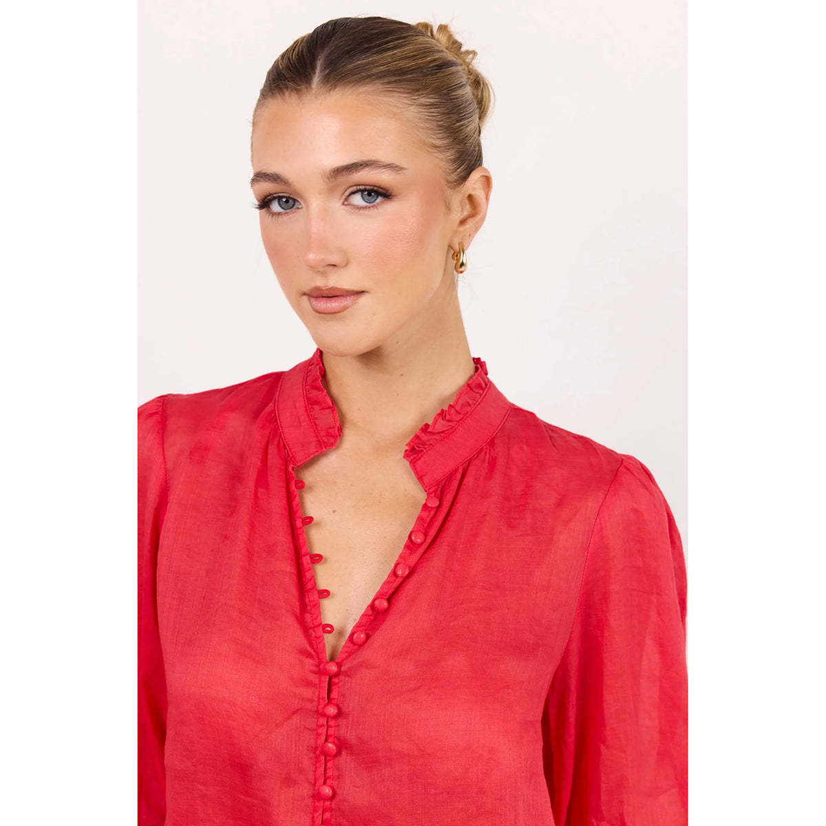 Continuance Red Ramie High Neck Buttoned SS Top