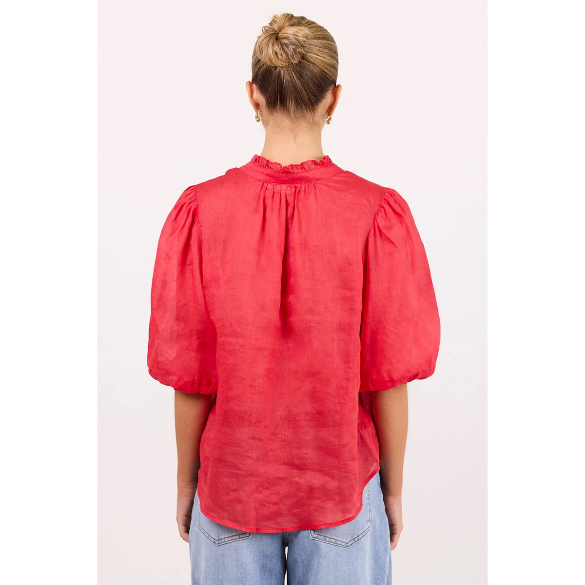 Continuance Red Ramie High Neck Buttoned SS Top