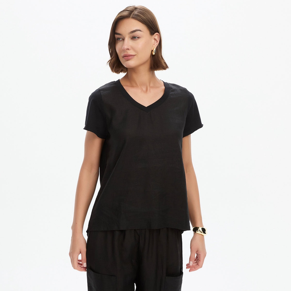 Cotton Contrast Trim Linen Top Black