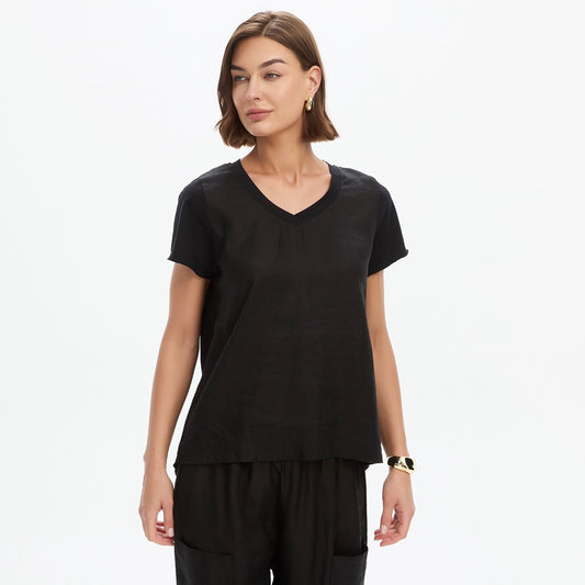 Cotton Contrast Trim Linen Top Black