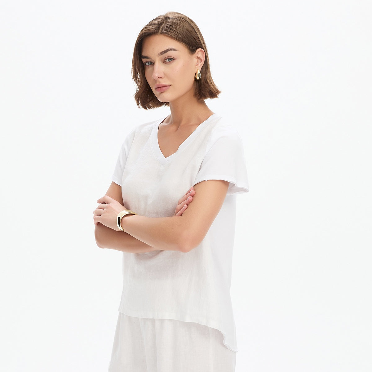 Cotton Contrast Trim Linen Top White