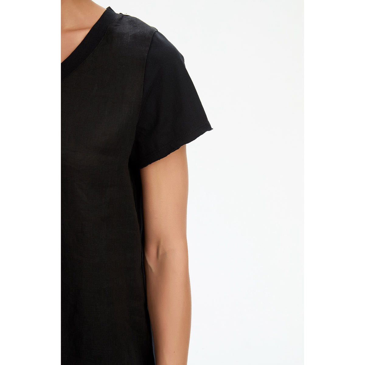 Cotton Contrast Trim Linen Top Black