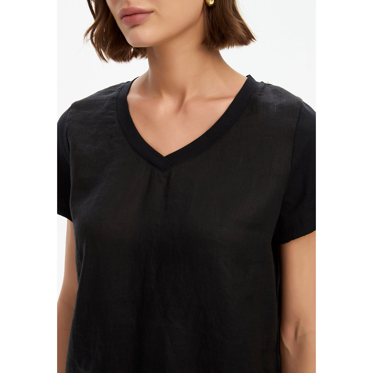 Cotton Contrast Trim Linen Top Black
