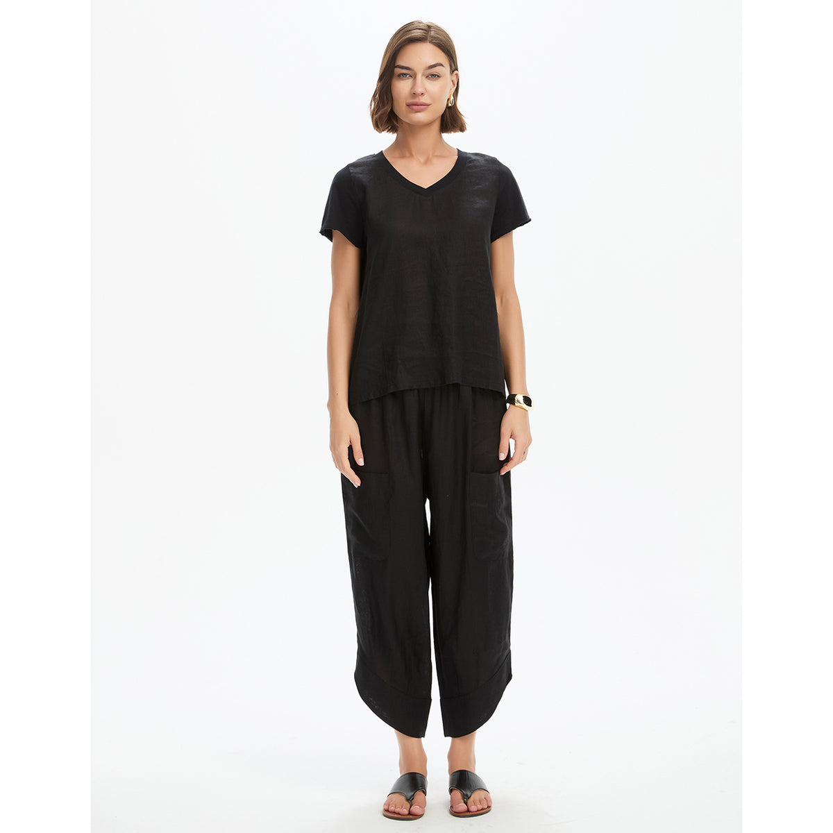 Cotton Contrast Trim Linen Top Black