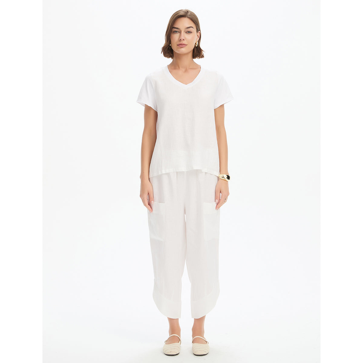 Cotton Contrast Trim Linen Top White