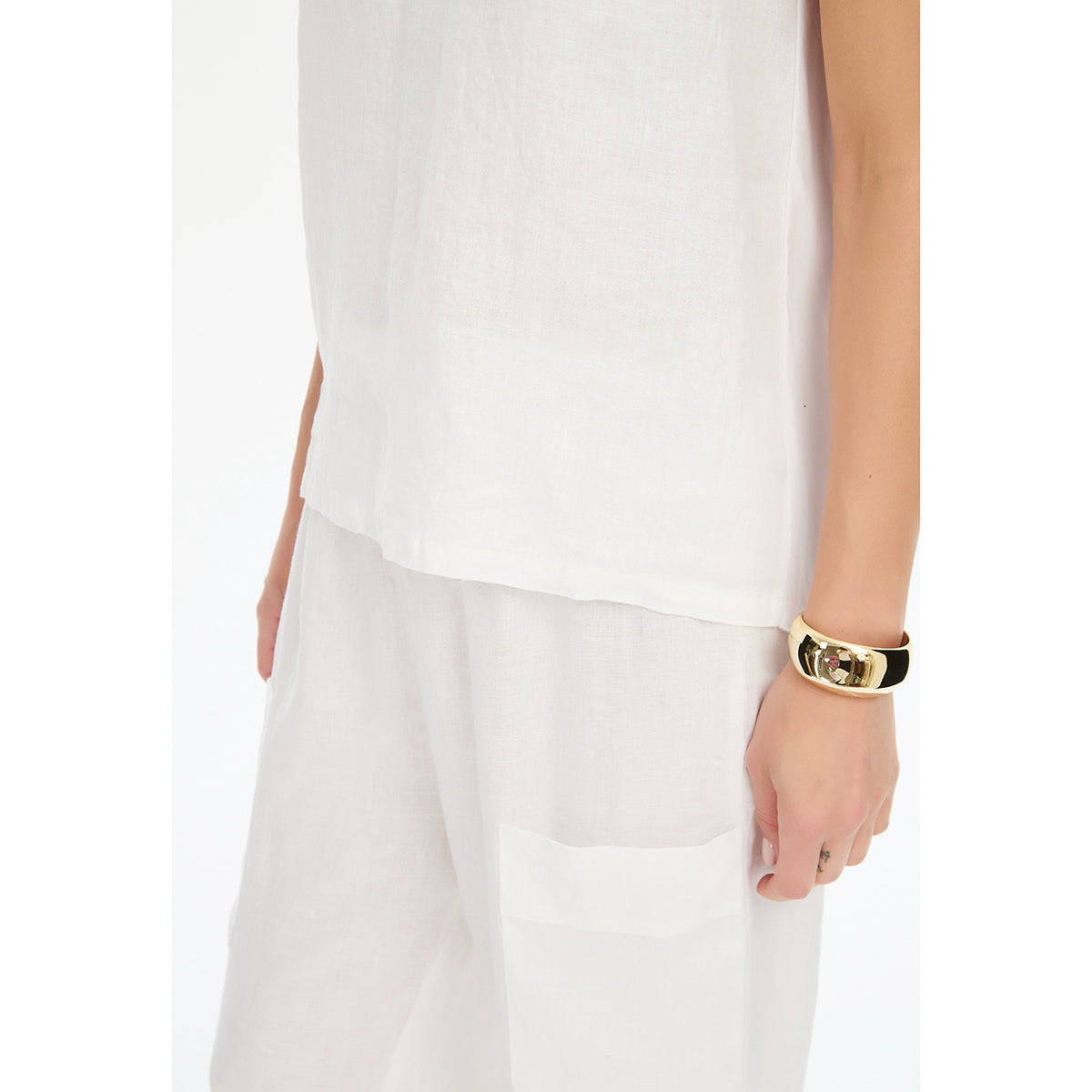 Cotton Contrast Trim Linen Top White