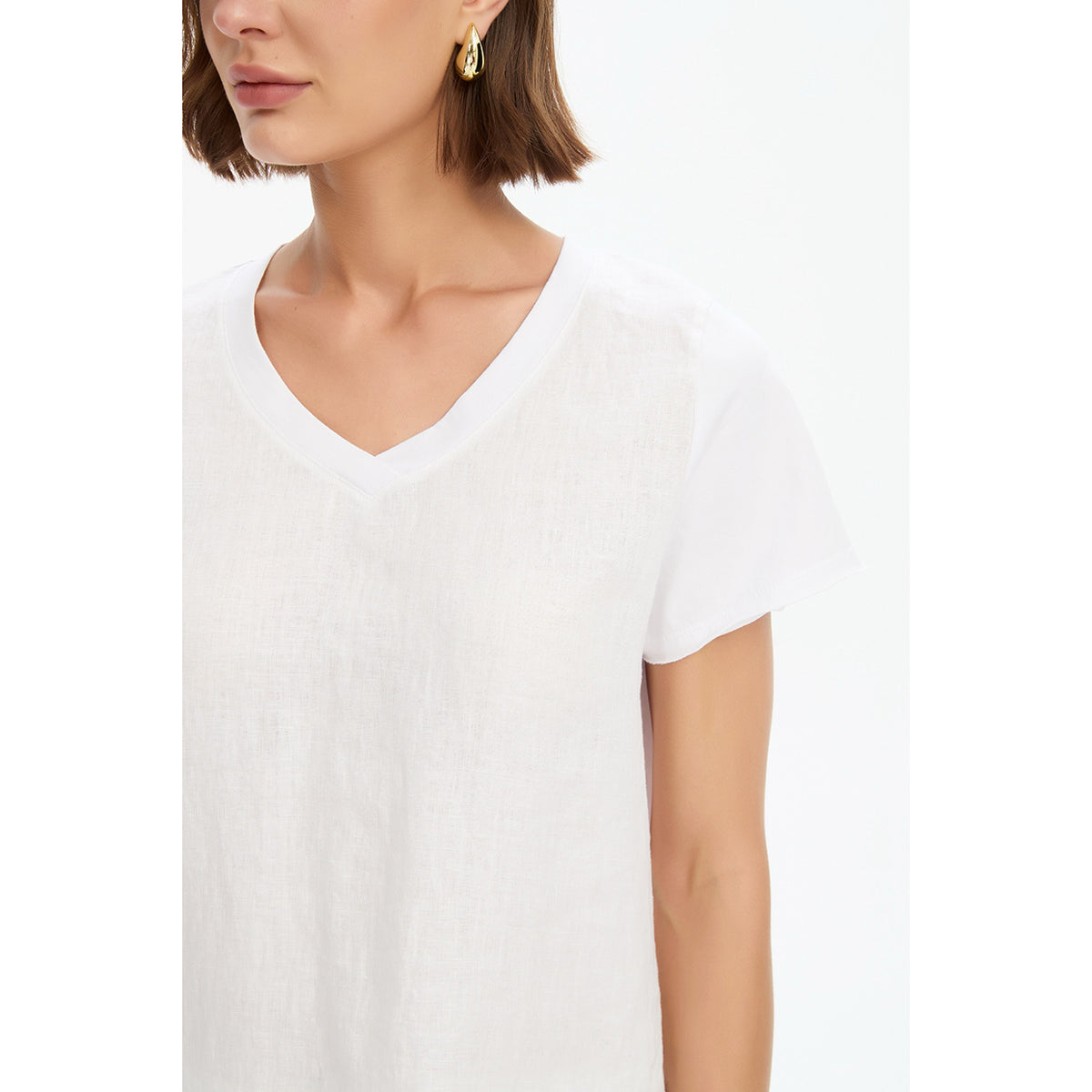 Cotton Contrast Trim Linen Top White