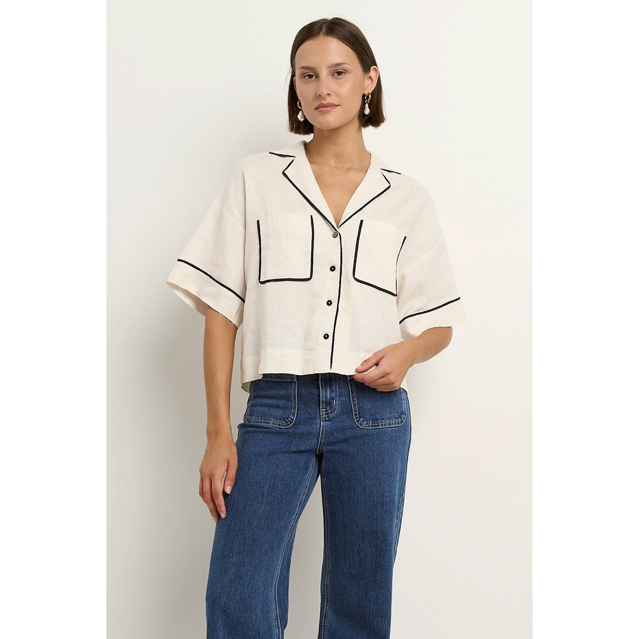 Culture Cream Black Trim Linen Boxy SS Shirt