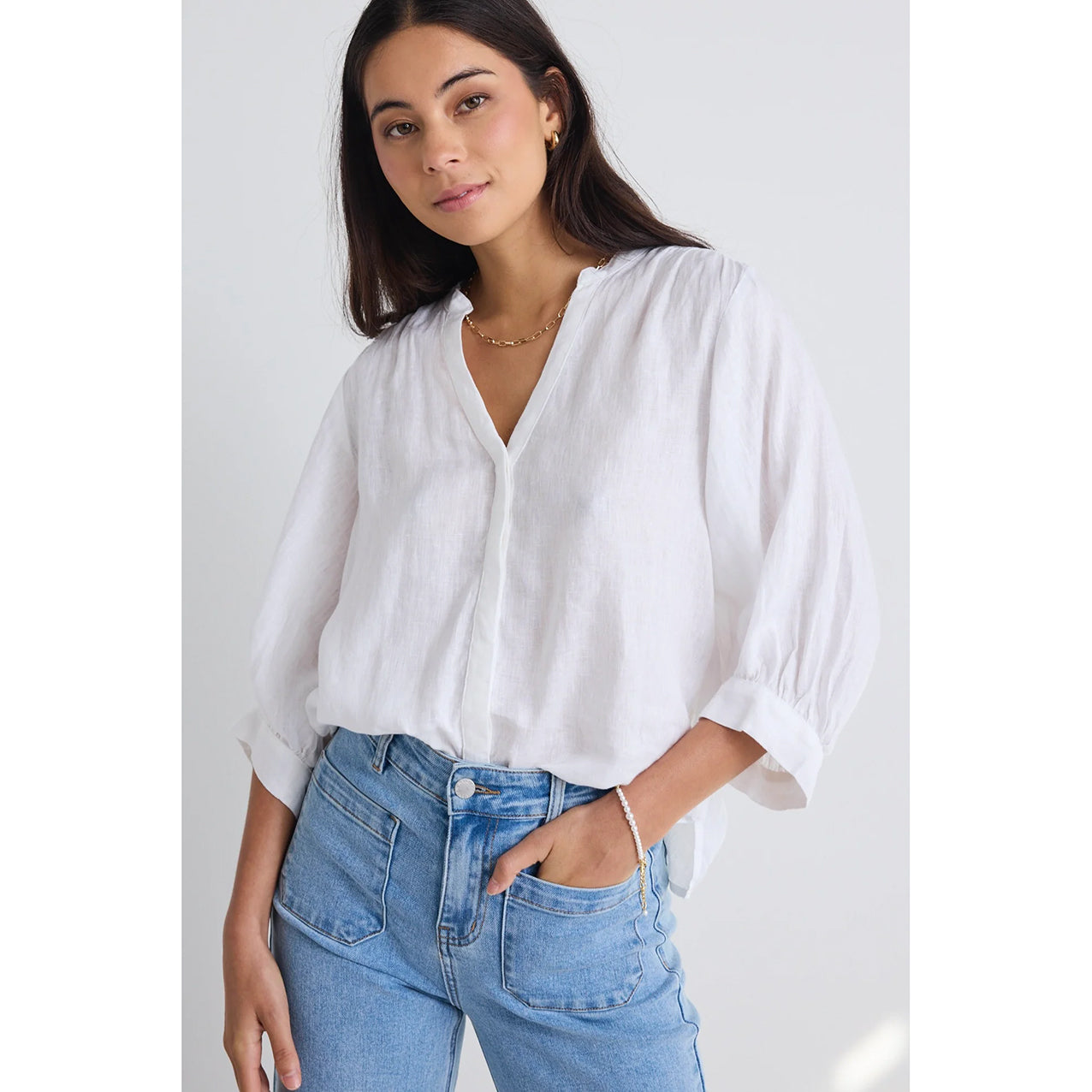 Deity White Linen Button Through Blouse