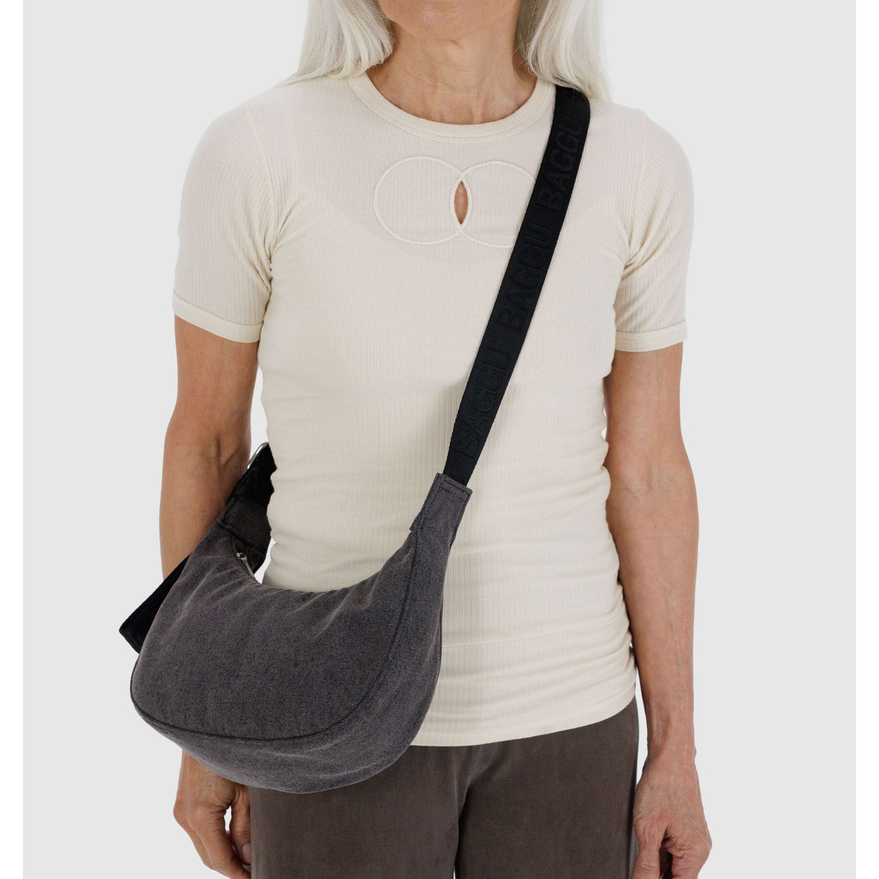 Baggu Small Denim Crescent Bag Washed Black Denim