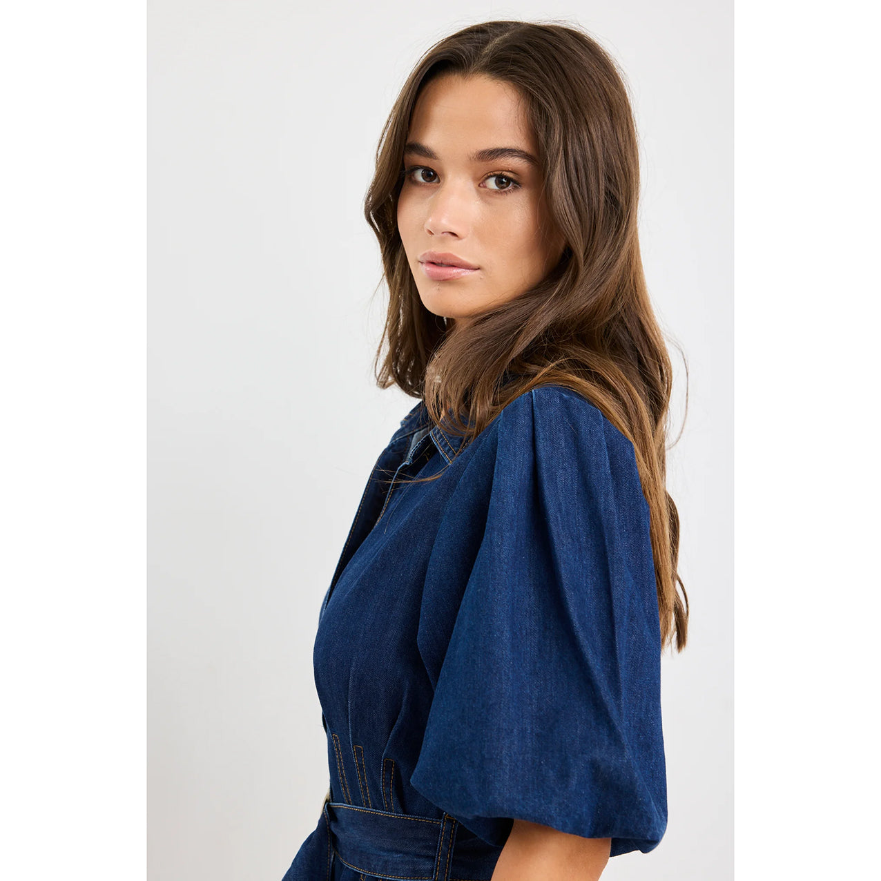 Dusk Indigo Denim Puff Sleeve Maxi Shirt Dress