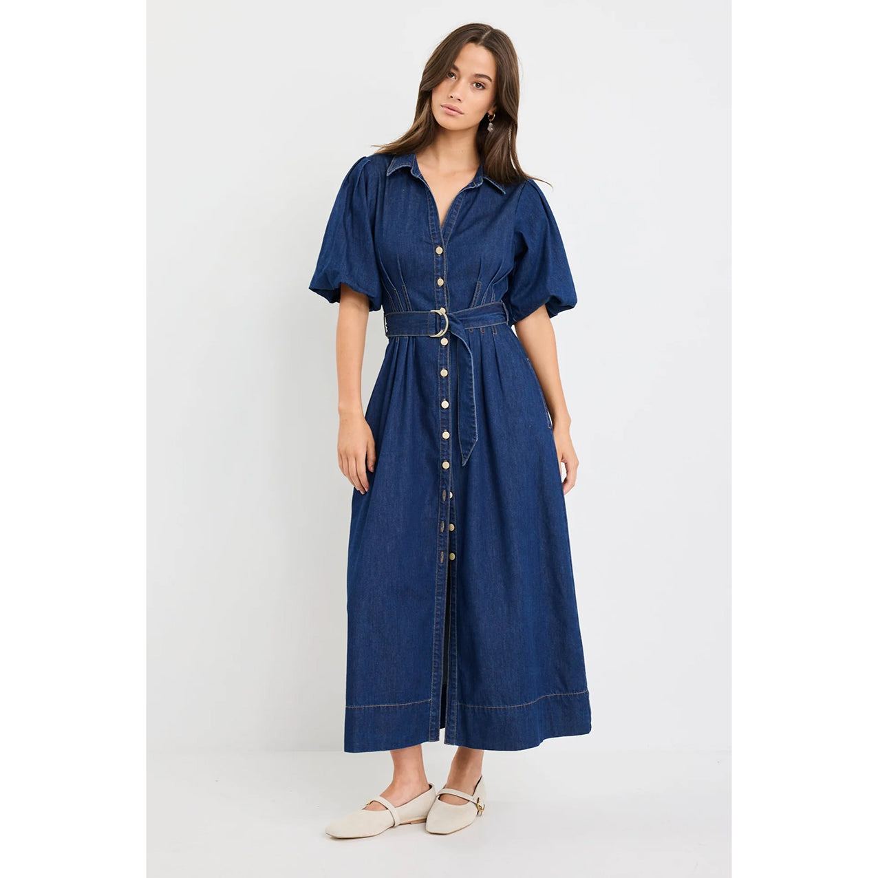 Dusk Indigo Denim Puff Sleeve Maxi Shirt Dress