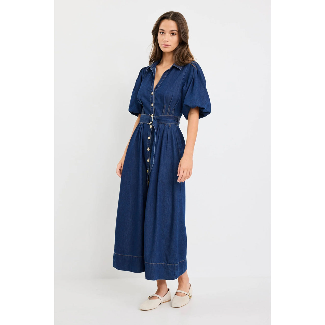 Dusk Indigo Denim Puff Sleeve Maxi Shirt Dress