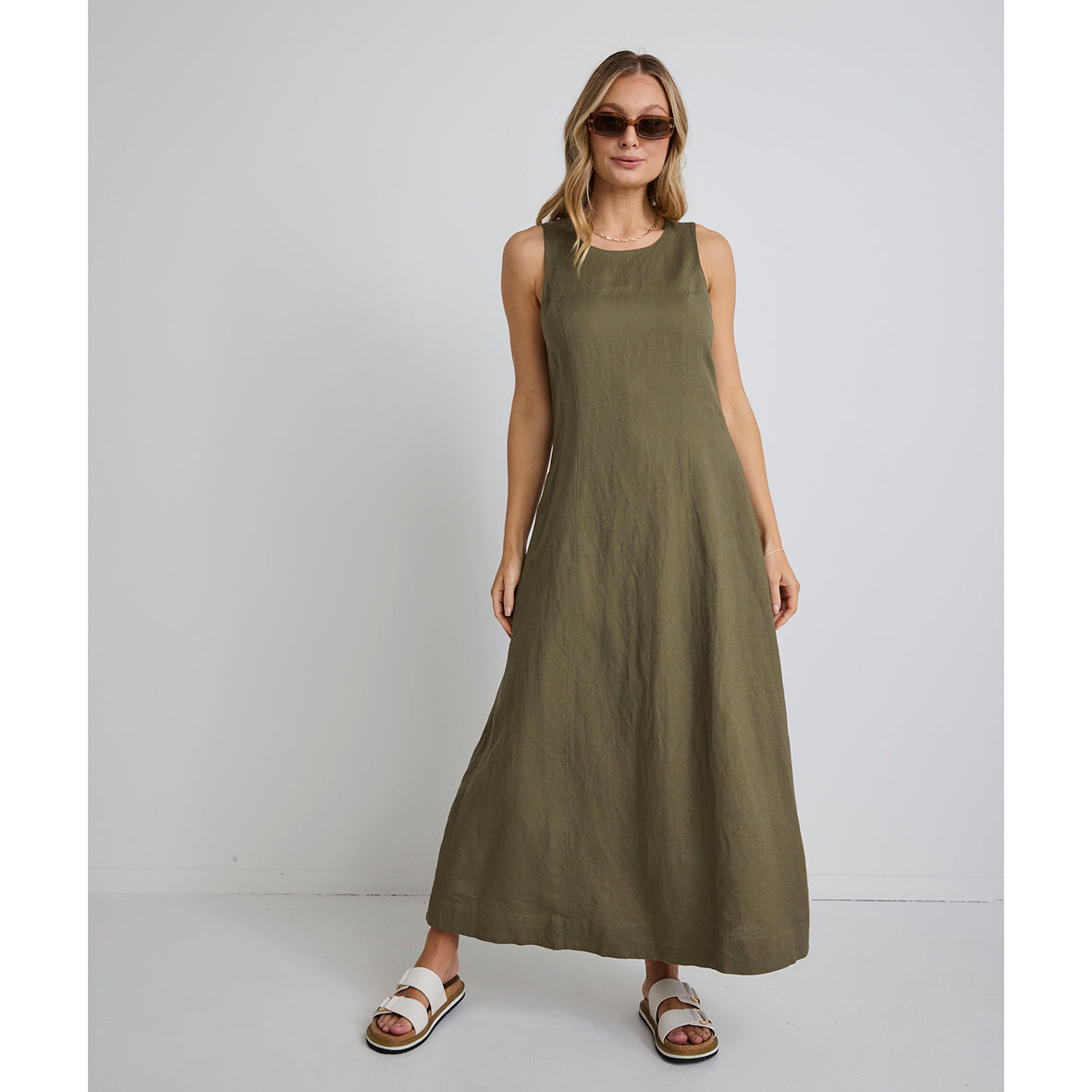 Easygoing Khaki Linen Midi Dress