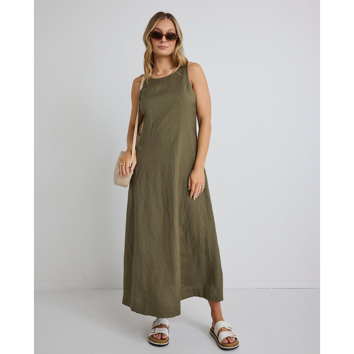 Easygoing Khaki Linen Midi Dress