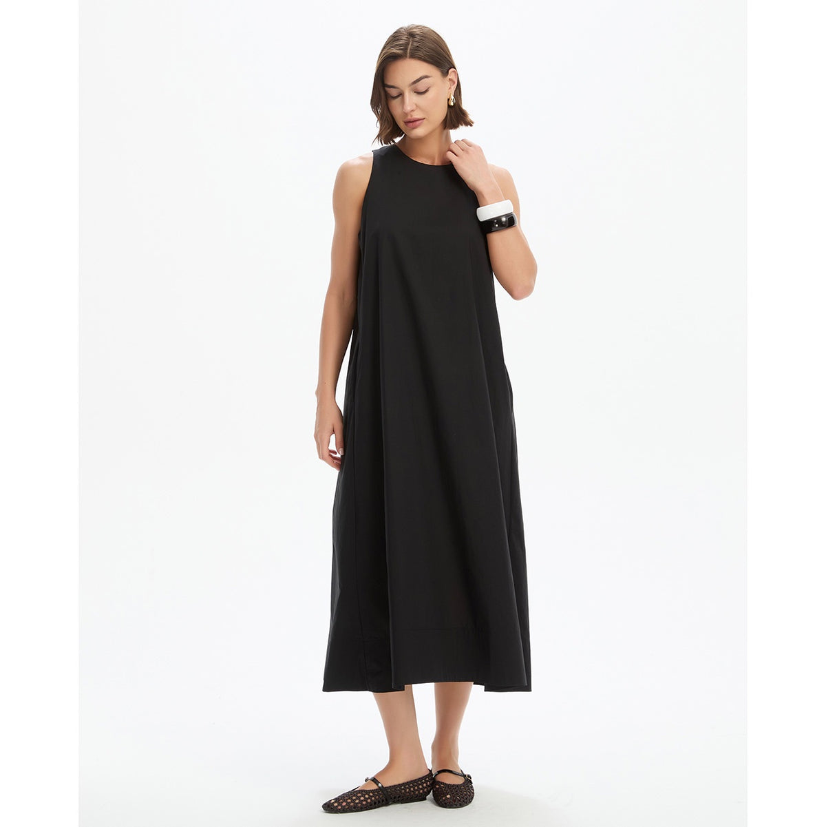 Elastic Detail A-Line Dress Black