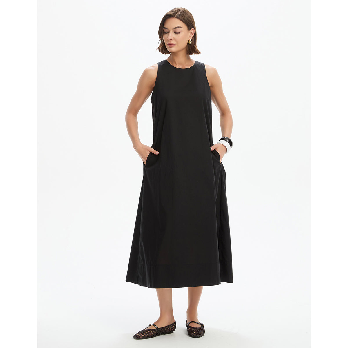 Elastic Detail A-Line Dress Black