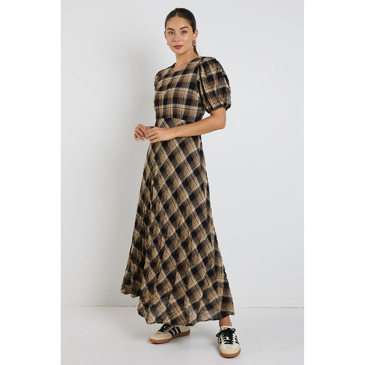 Encore Caramel Check Maxi Dress