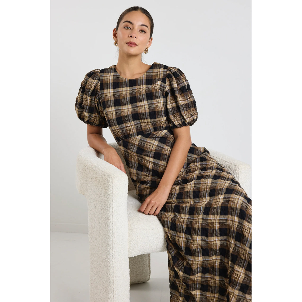 Encore Caramel Check Maxi Dress