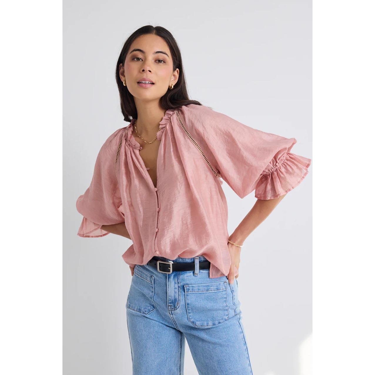 Encounter Blush Textured SS Gathered Button Front Top