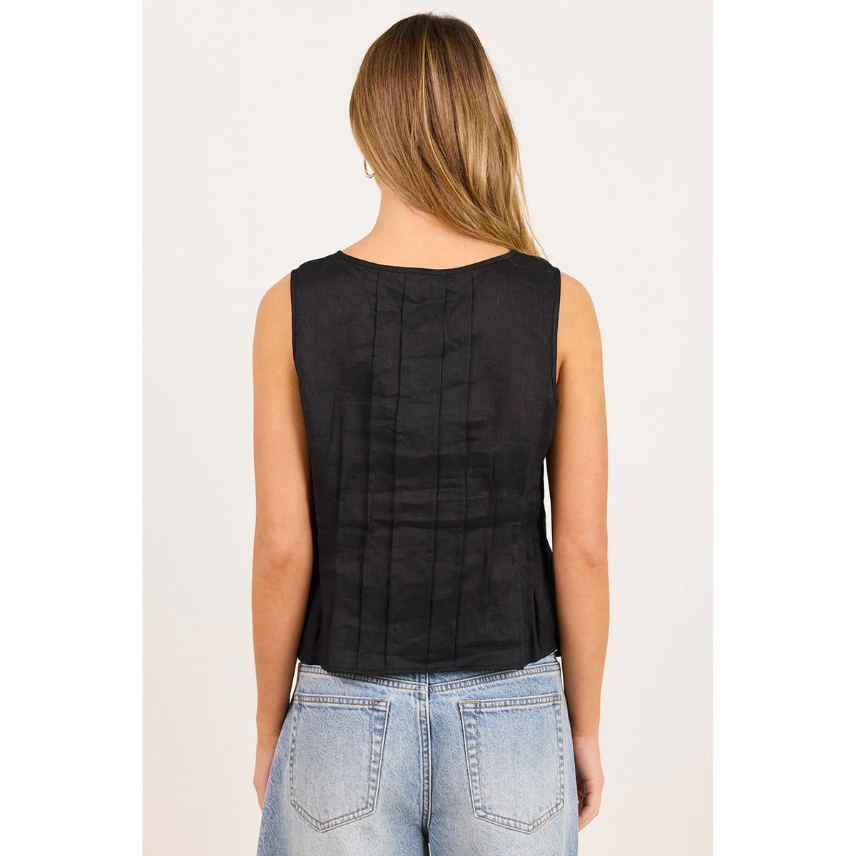 Encourage Black Linen Pintuck Top