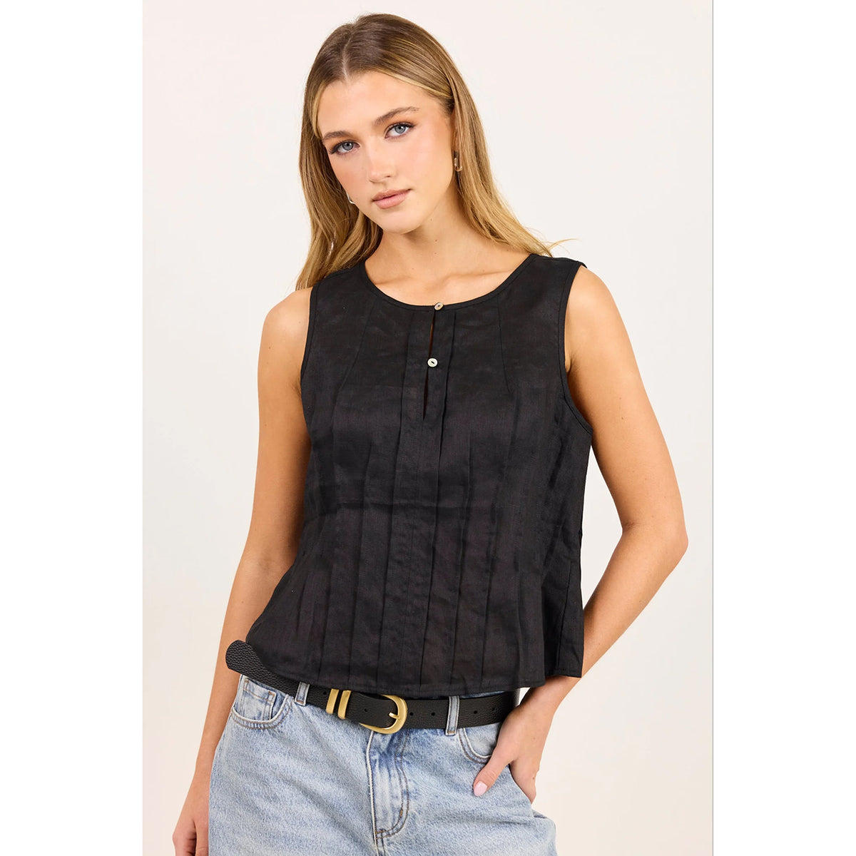 Encourage Black Linen Pintuck Top