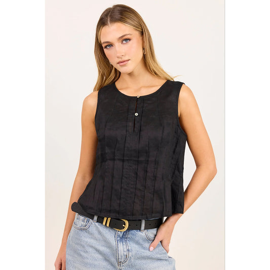 Encourage Black Linen Pintuck Top