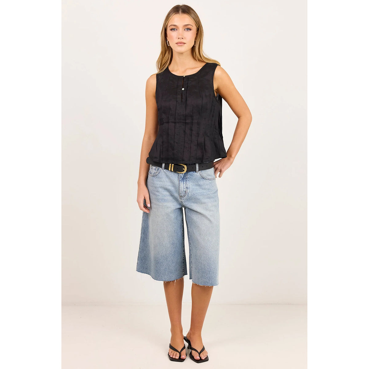 Encourage Black Linen Pintuck Top