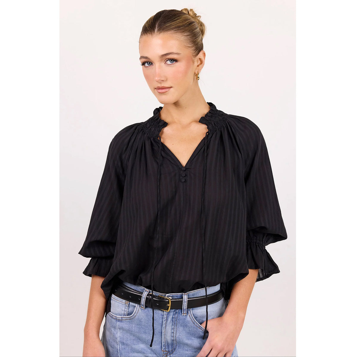 Expedition Black Self Stripe Shirred Neck Top