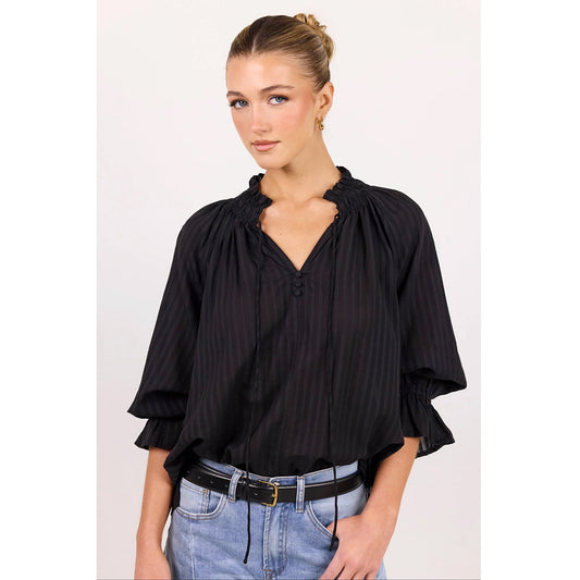 Expedition Black Self Stripe Shirred Neck Top