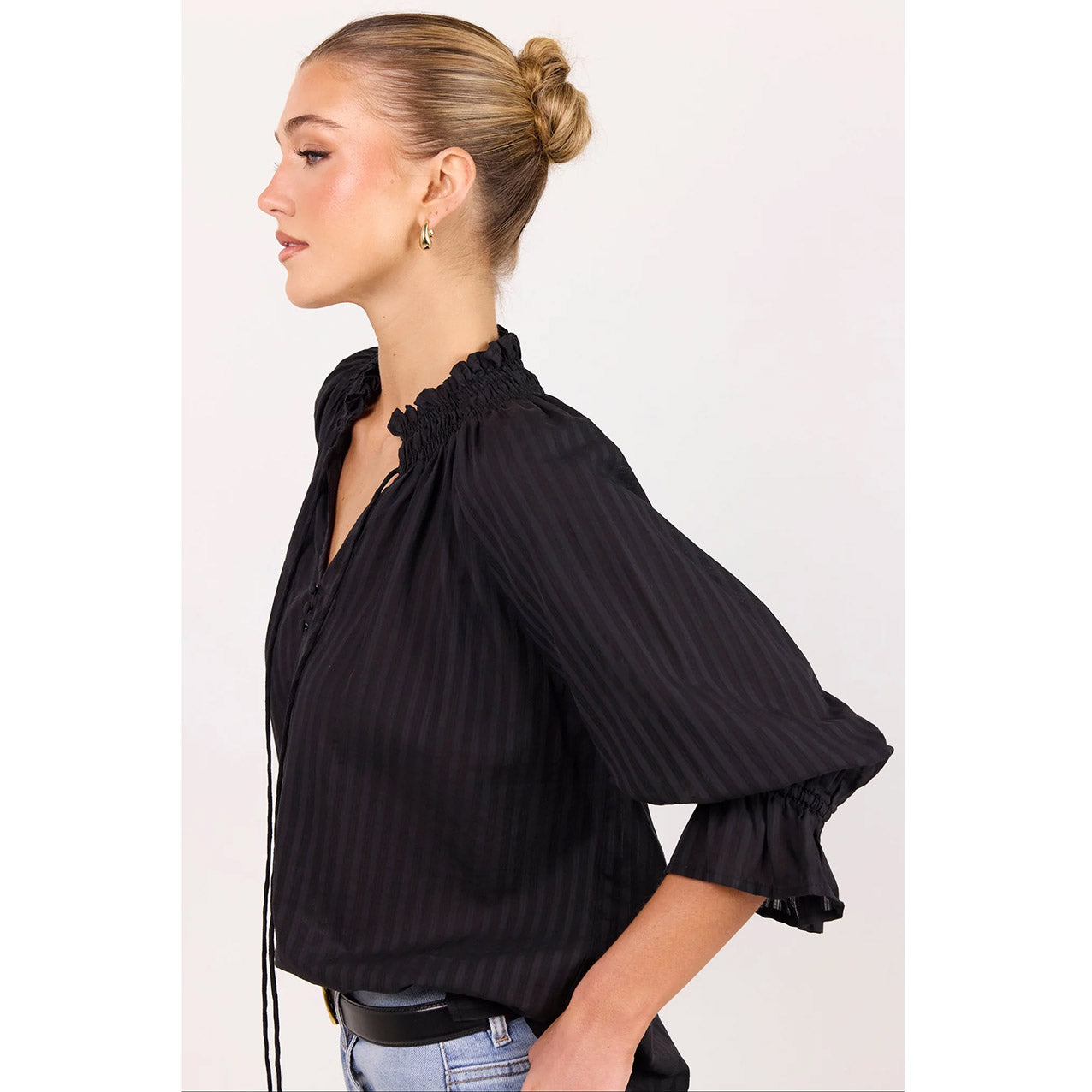 Expedition Black Self Stripe Shirred Neck Top
