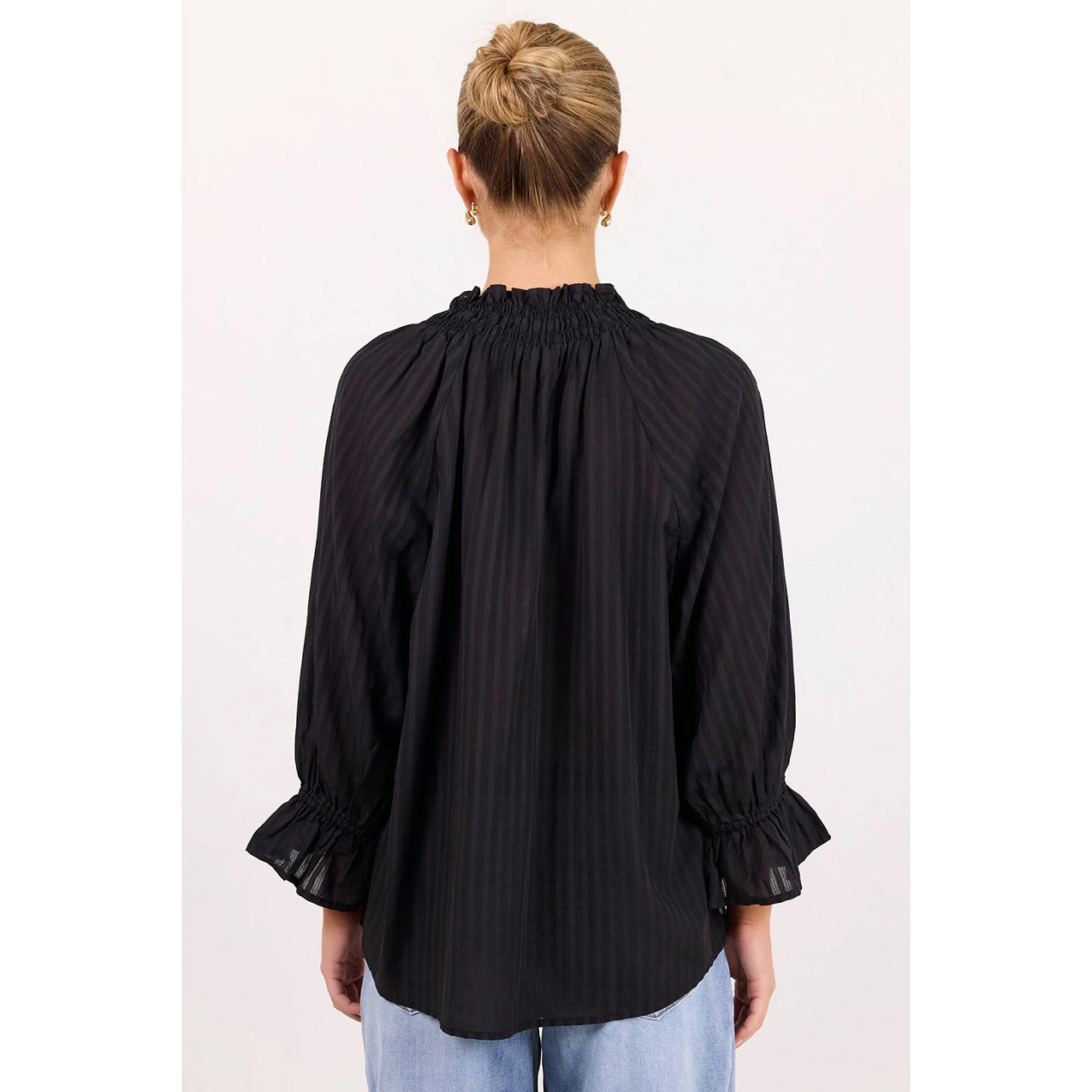 Expedition Black Self Stripe Shirred Neck Top