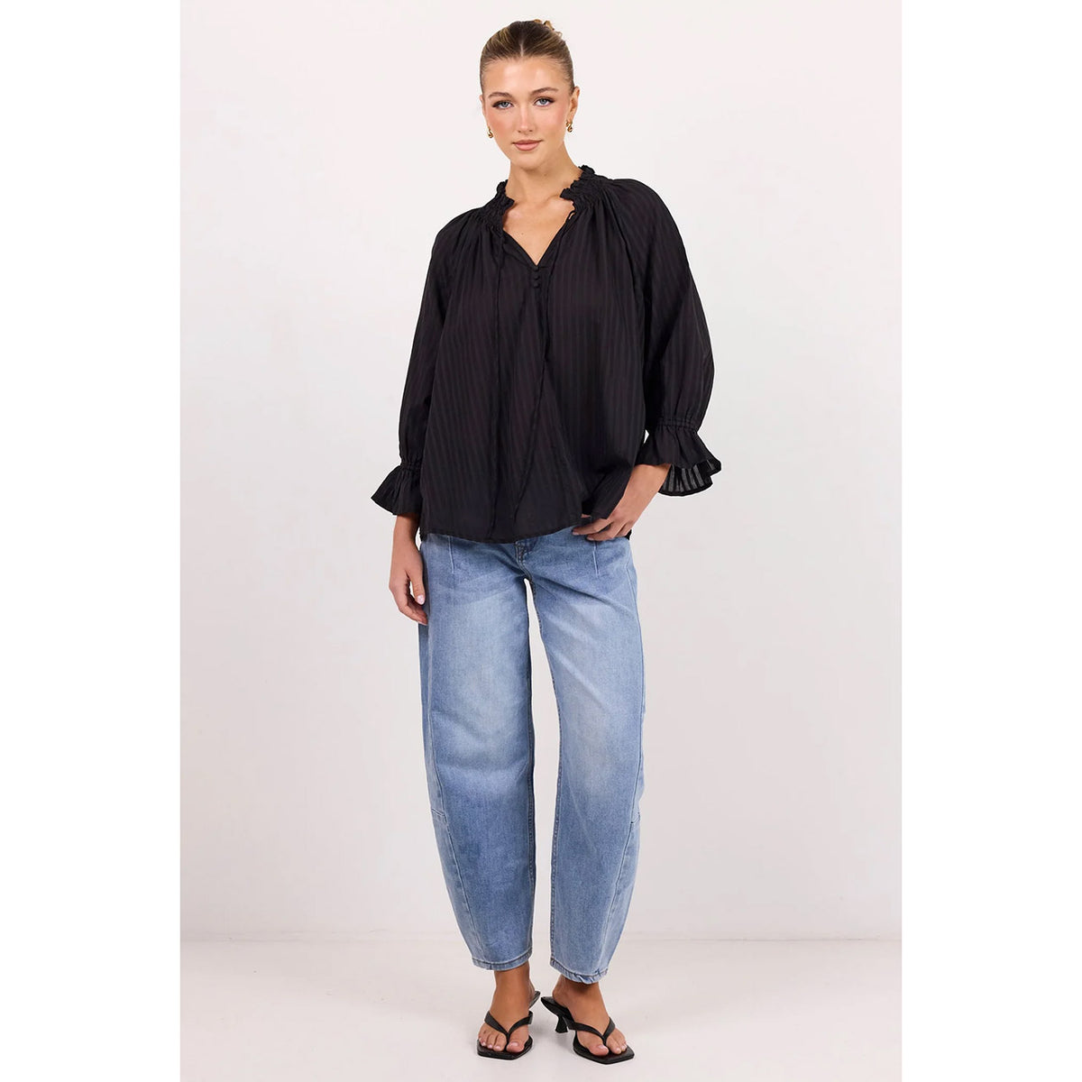 Expedition Black Self Stripe Shirred Neck Top