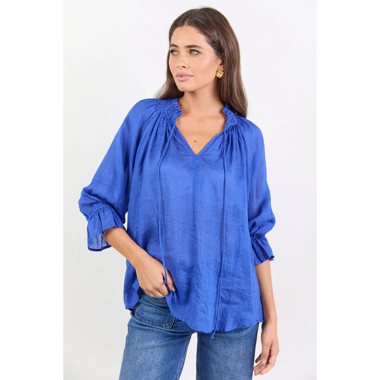 Expedition Blue Shirred Neck Shirt