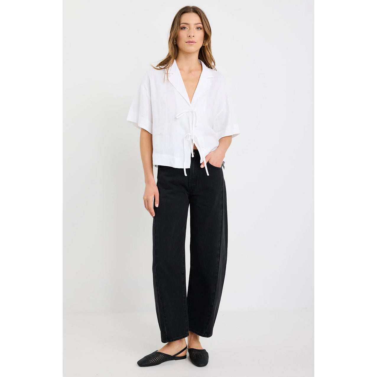 Fasten Ivory Linen Tie Front Shirt