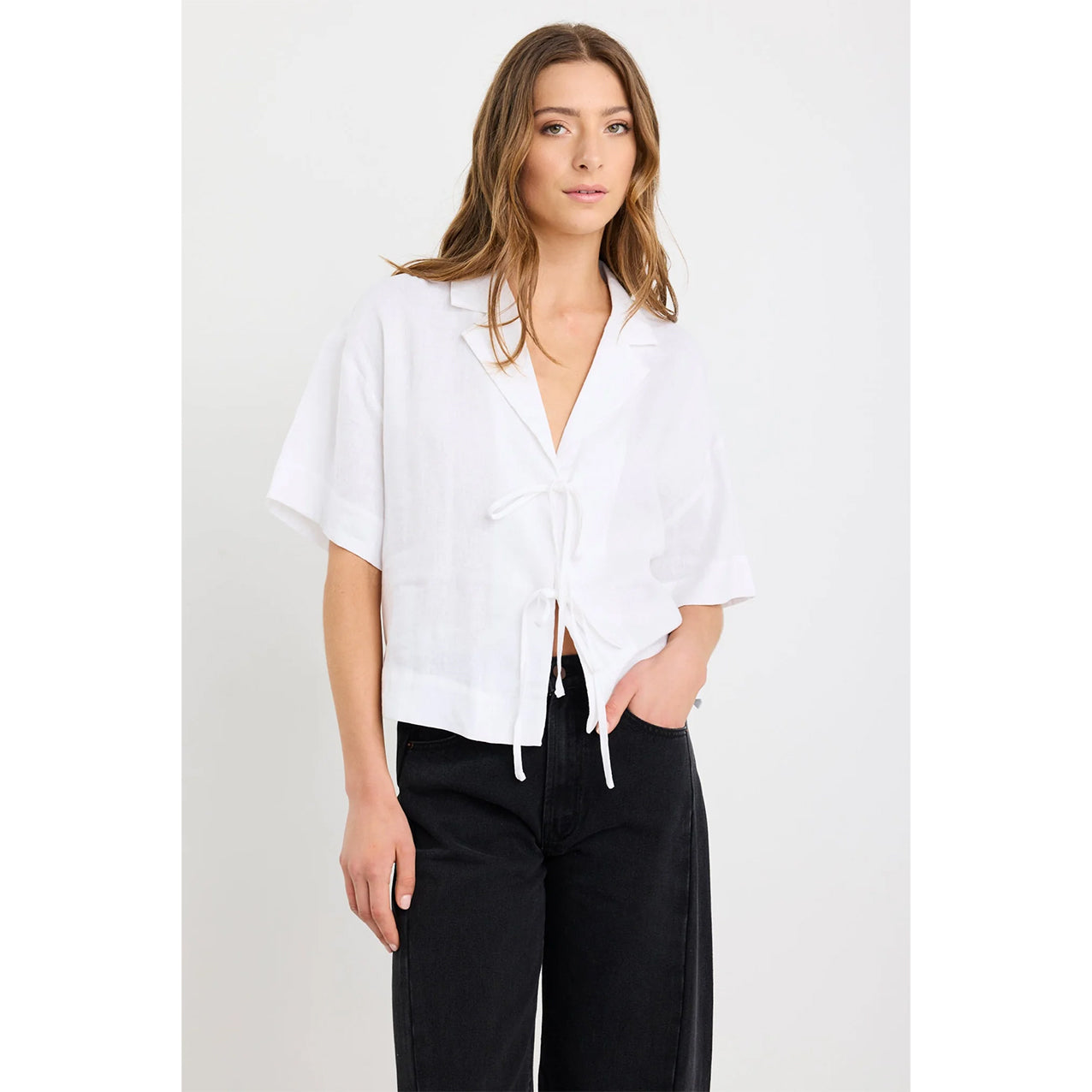 Fasten Ivory Linen Tie Front Shirt