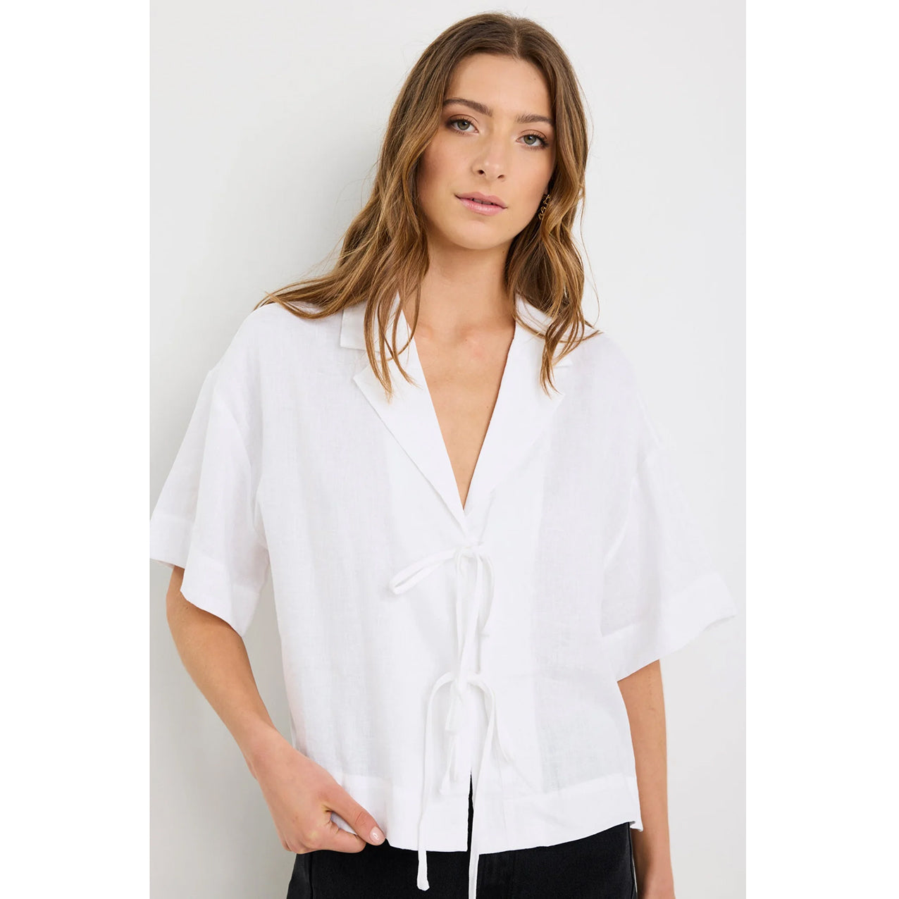 Fasten Ivory Linen Tie Front Shirt